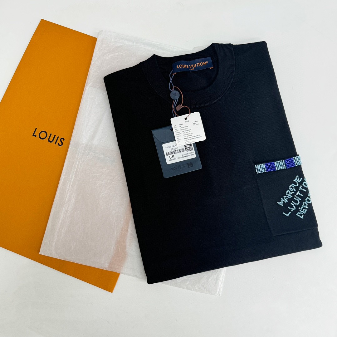 LOUIS VUITTON 路易威登 口袋串珠针织T恤 短袖 黑色 A5 1AFRJG