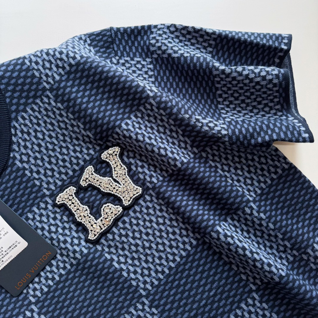 LOUIS VUITTON 路易威登 棋盘格 格纹奥钻针织T恤 短袖 棕色 蓝色 B0 1AFIUP
