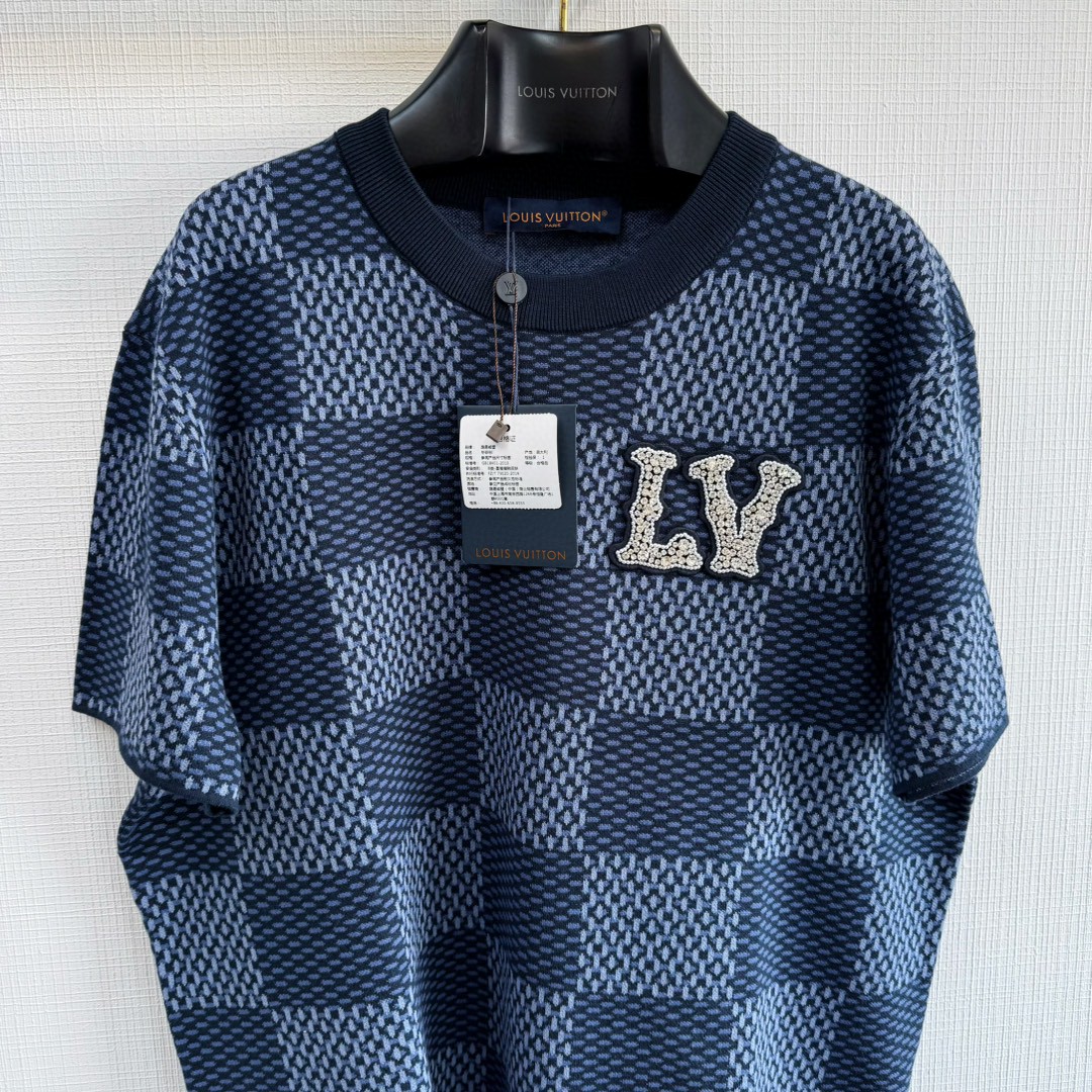 LOUIS VUITTON 路易威登 棋盘格 格纹奥钻针织T恤 短袖 棕色 蓝色 B0 1AFIUP