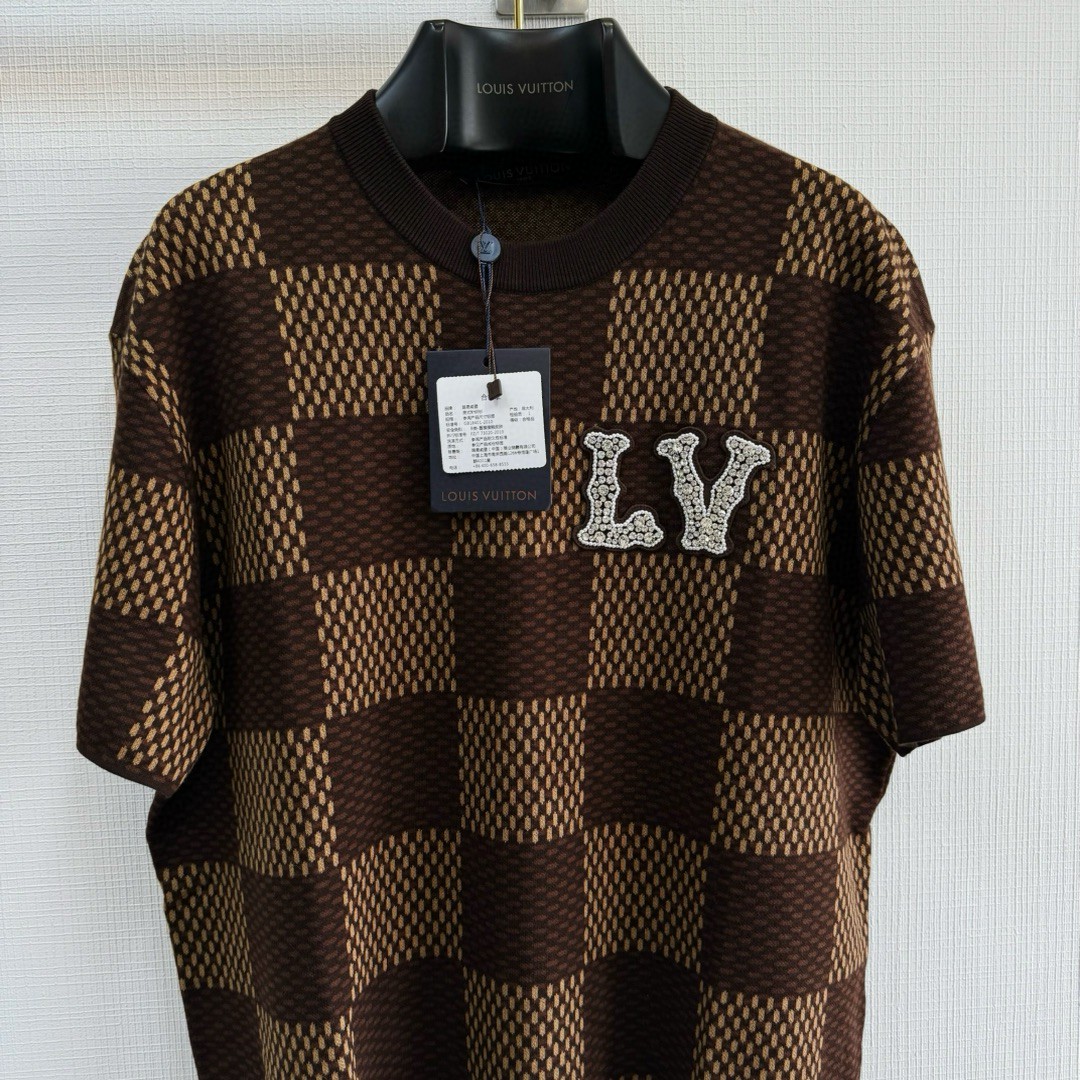 LOUIS VUITTON 路易威登 棋盘格 格纹奥钻针织T恤 短袖 棕色 蓝色 B0 1AFIUP