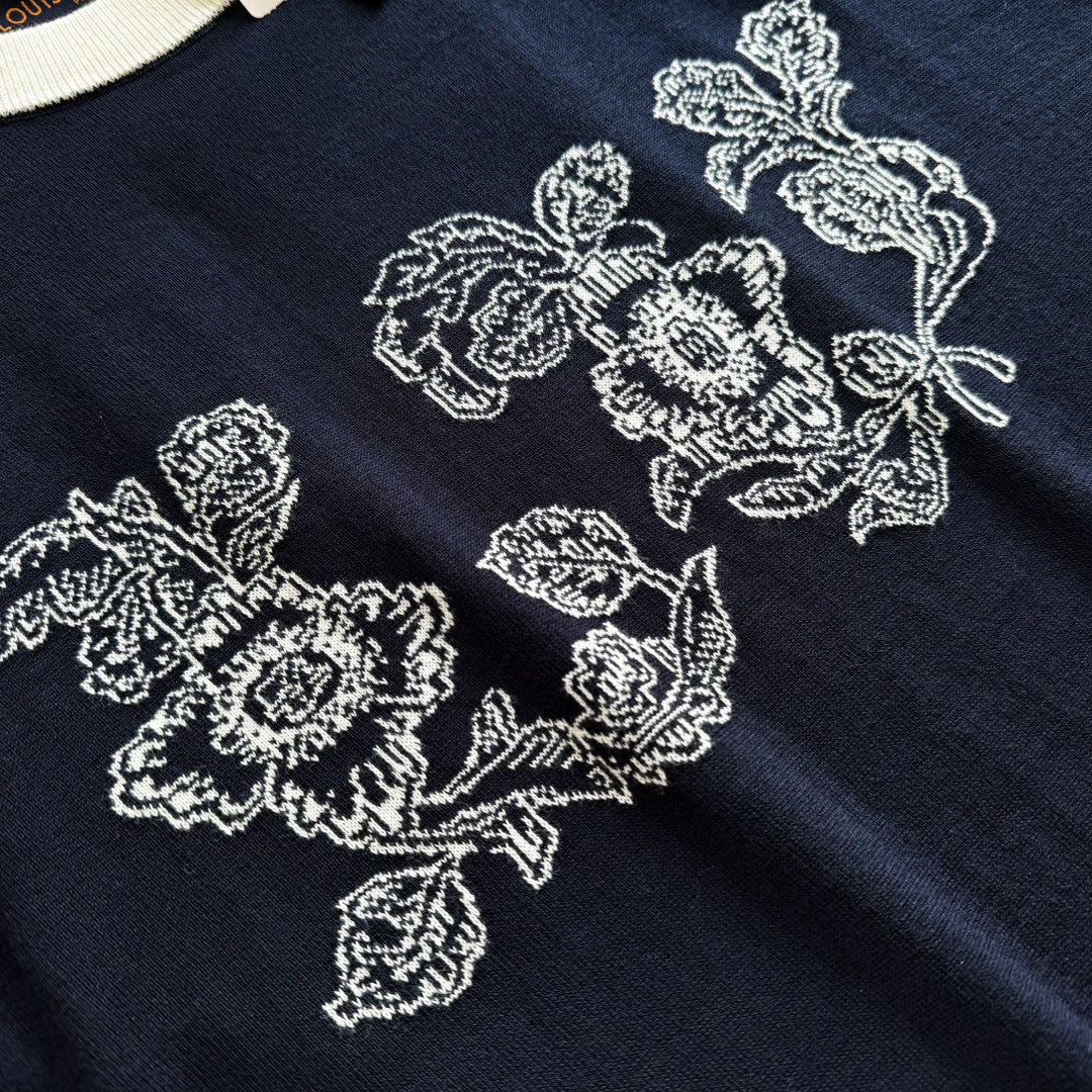 LOUIS VUITTON 路易威登 提花撞色针织T恤 短袖 藏蓝色 A5 1AFXR9