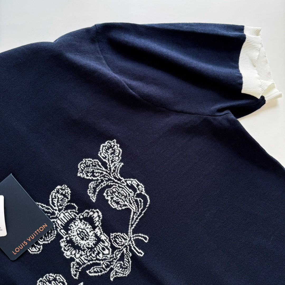 LOUIS VUITTON 路易威登 提花撞色针织T恤 短袖 藏蓝色 A5 1AFXR9