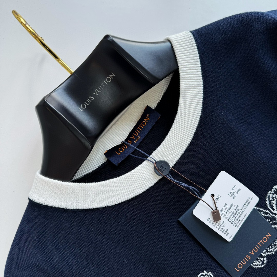 LOUIS VUITTON 路易威登 提花撞色针织T恤 短袖 藏蓝色 A5 1AFXR9