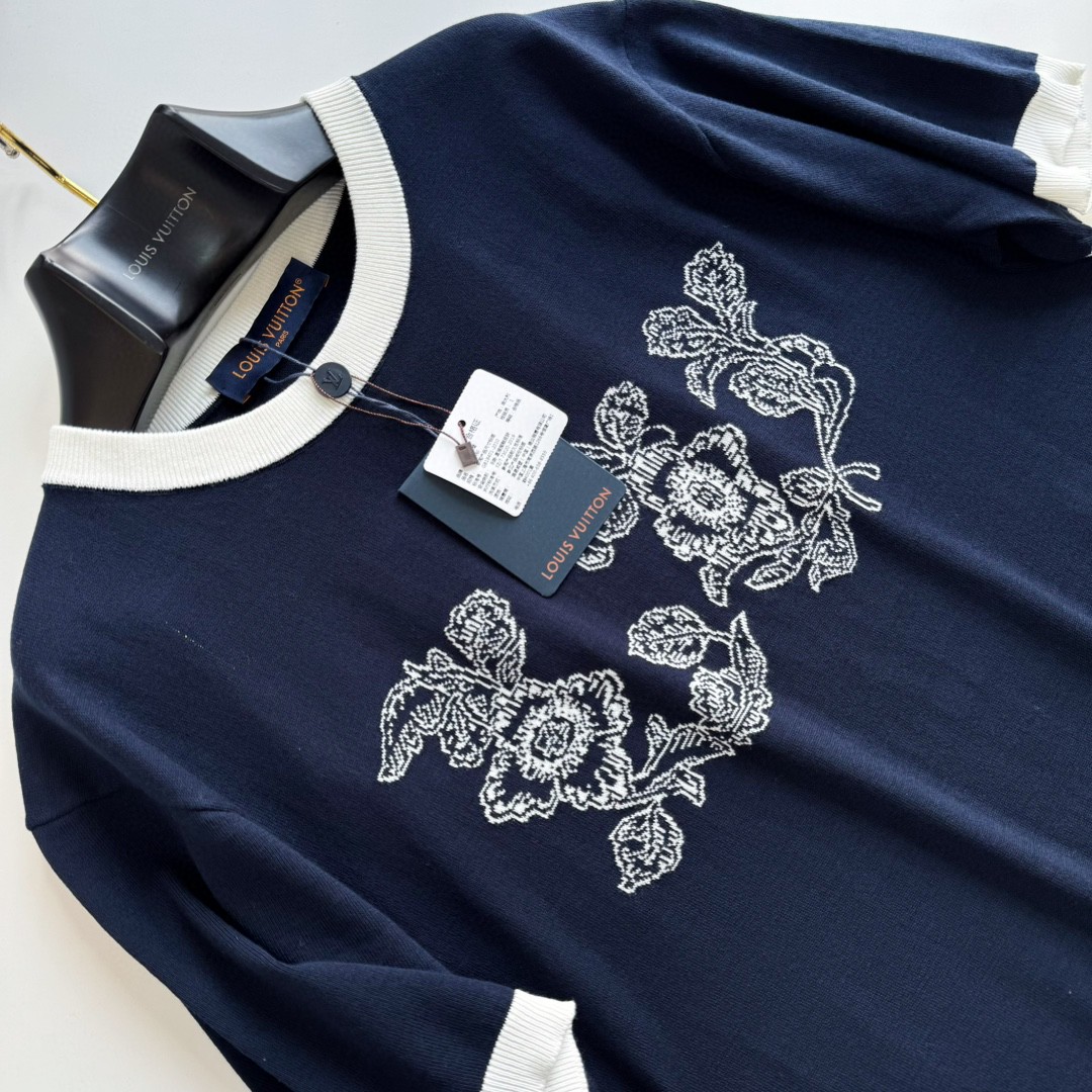LOUIS VUITTON 路易威登 提花撞色针织T恤 短袖 藏蓝色 A5 1AFXR9