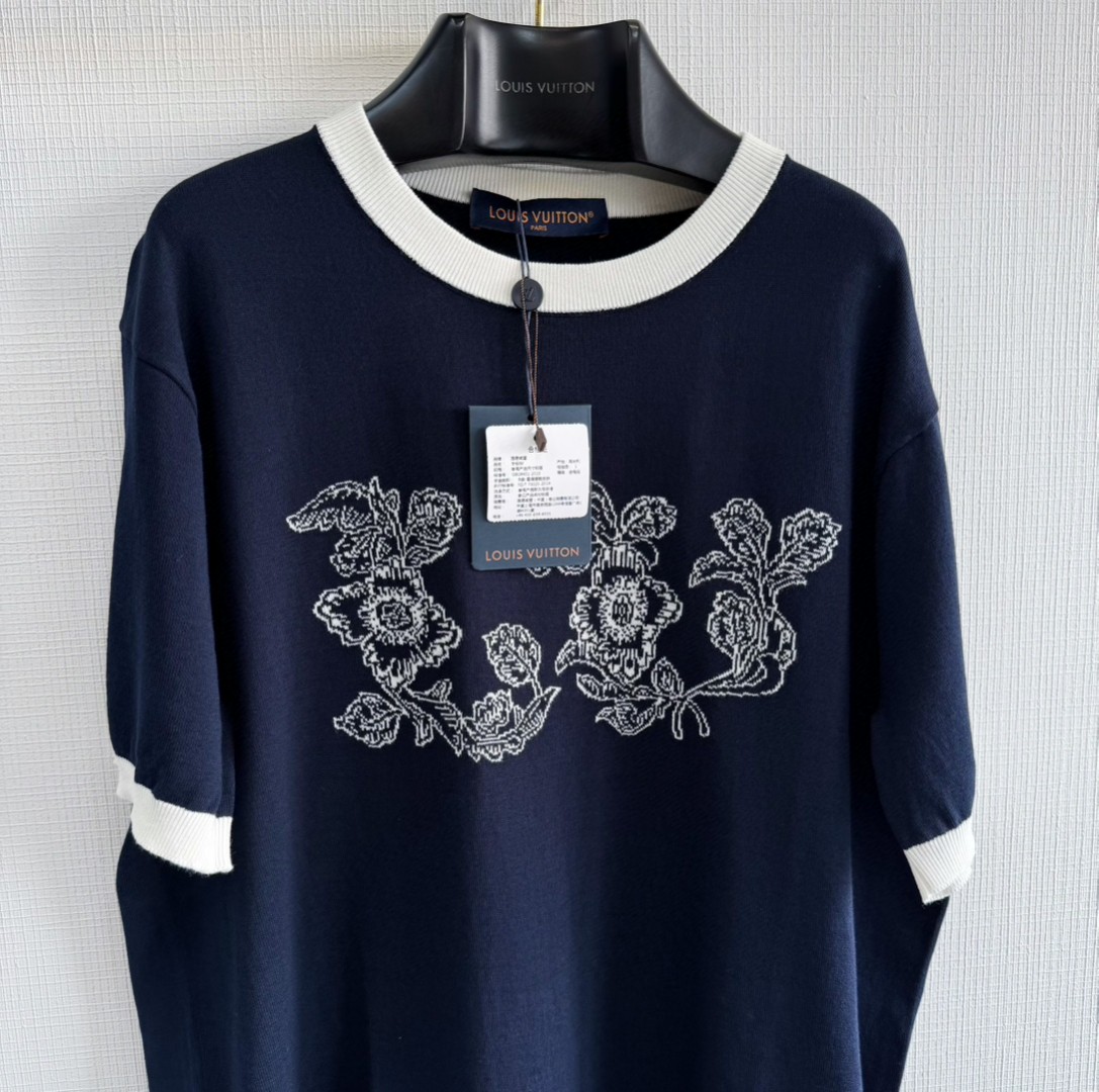 LOUIS VUITTON 路易威登 提花撞色针织T恤 短袖 藏蓝色 A5 1AFXR9