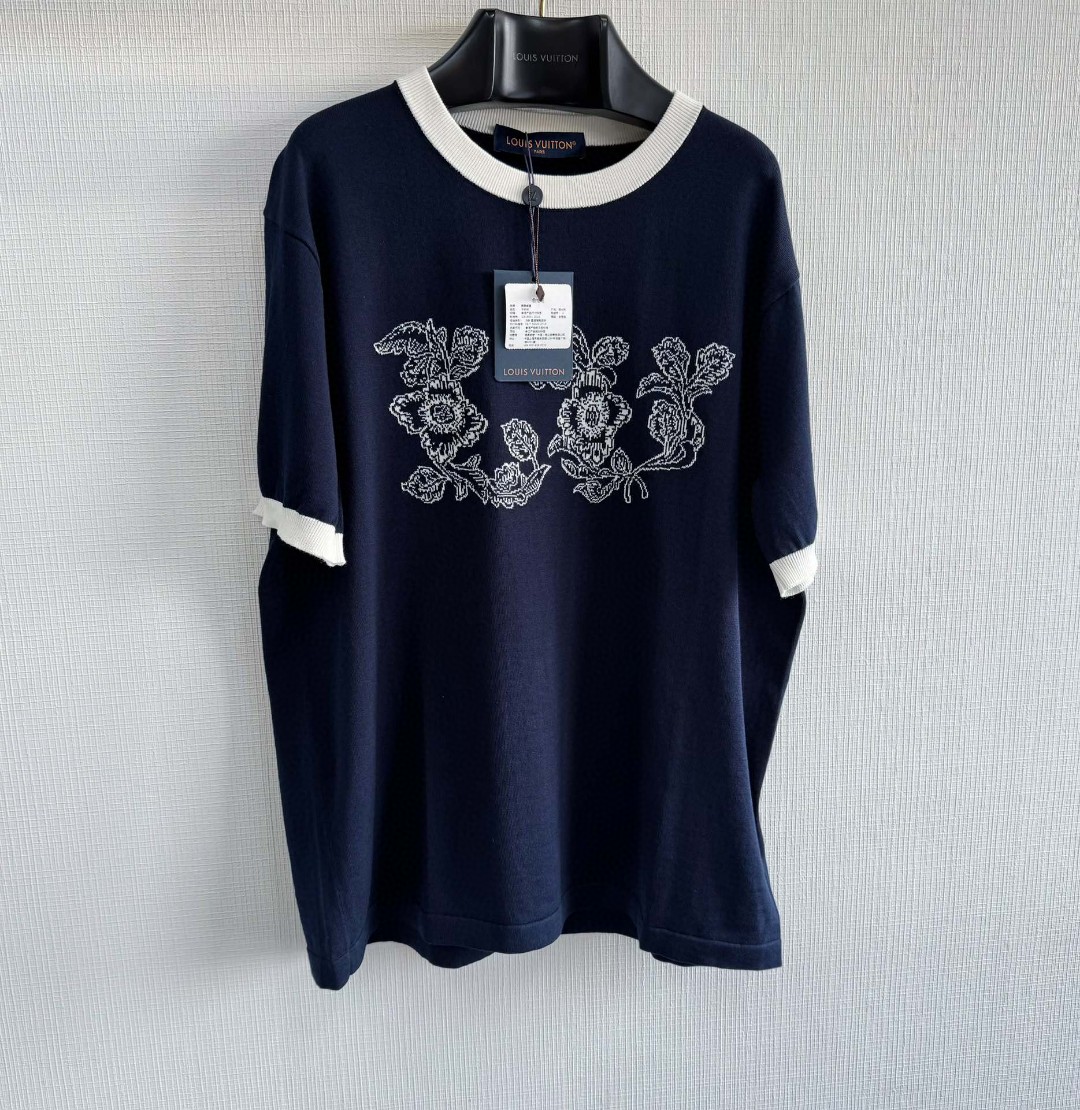 LOUIS VUITTON 路易威登 提花撞色针织T恤 短袖 藏蓝色 A5 1AFXR9