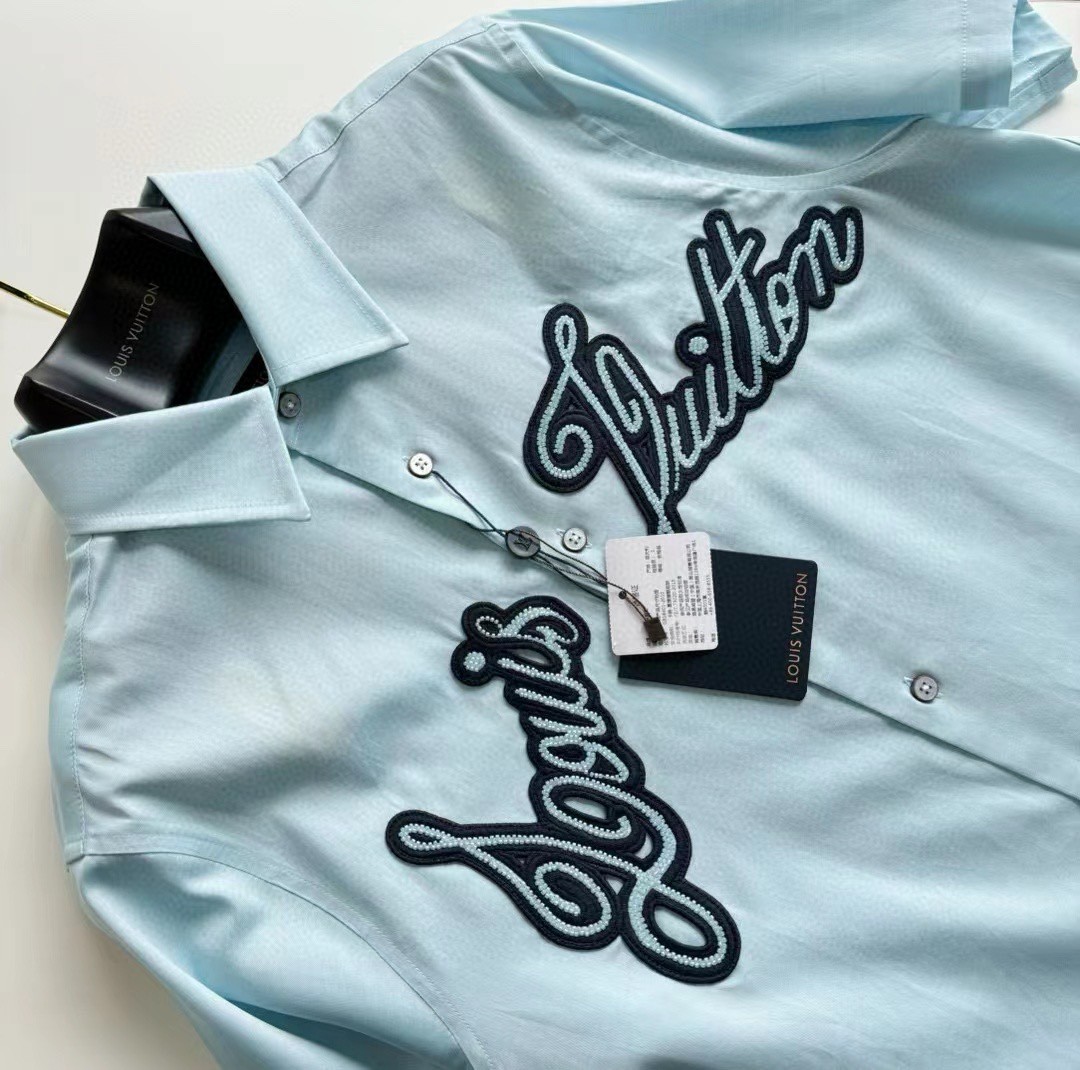 LOUIS VUITTON 路易威登 珠链章仔衬衫 短袖 蓝色 B0 1AFRLP