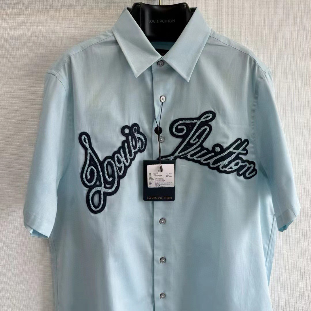 LOUIS VUITTON 路易威登 珠链章仔衬衫 短袖 蓝色 B0 1AFRLP