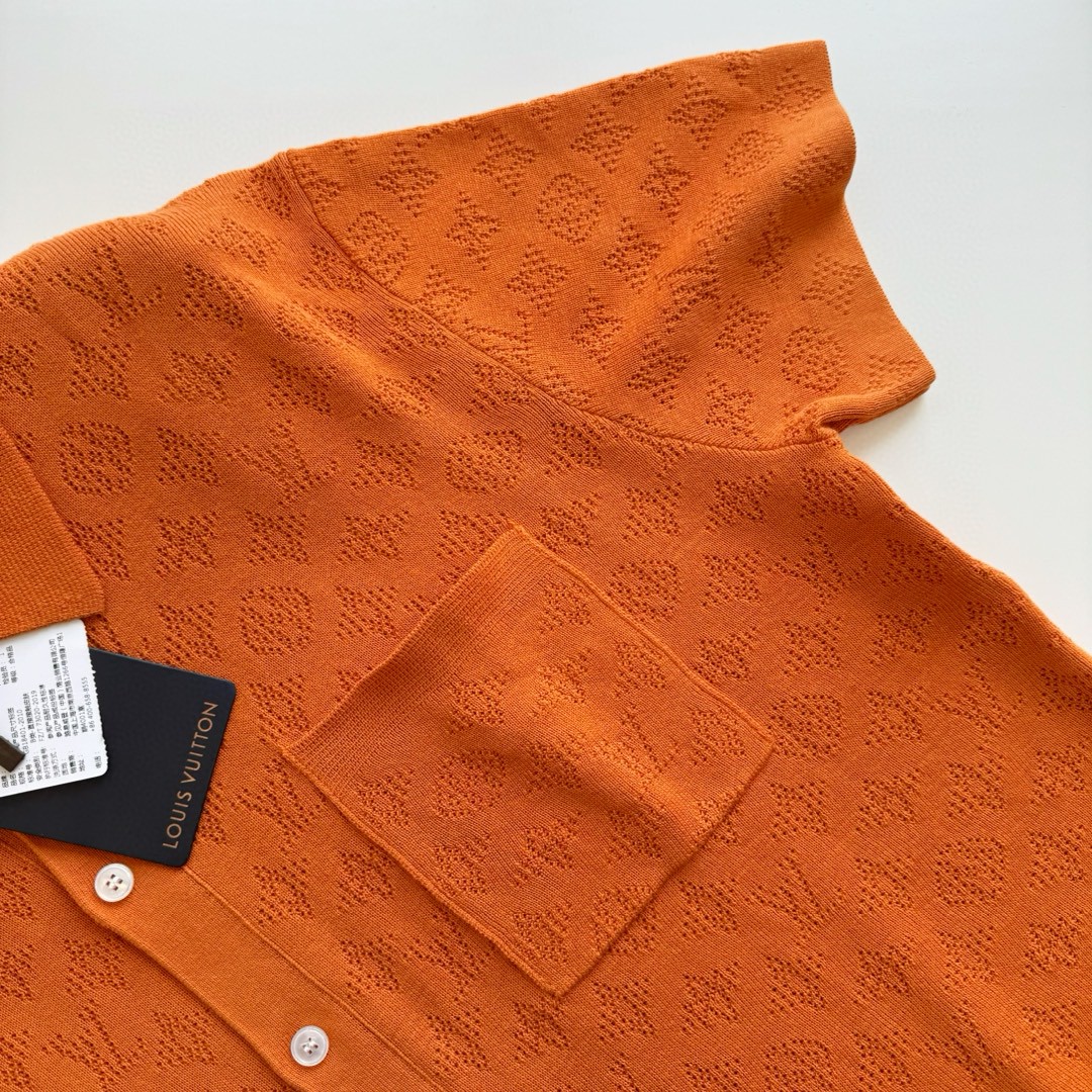 LOUIS VUITTON 路易威登 镂空提花毛织衬衫 短袖 橘色 白色 A5 1AFQSX