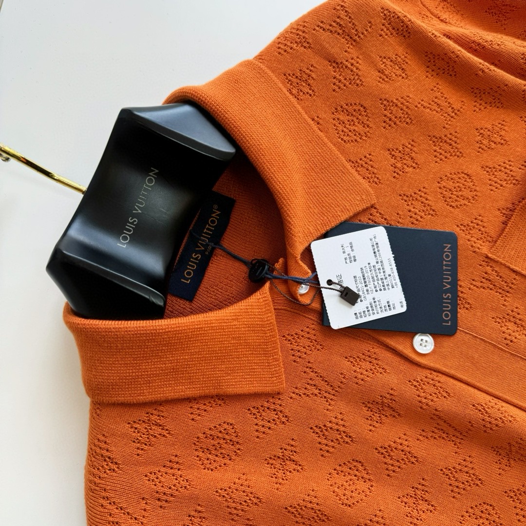 LOUIS VUITTON 路易威登 镂空提花毛织衬衫 短袖 橘色 白色 A5 1AFQSX