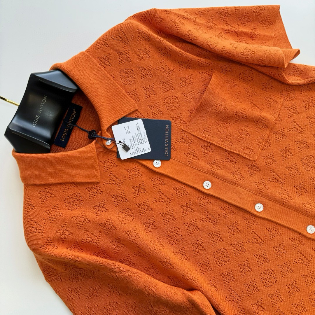 LOUIS VUITTON 路易威登 镂空提花毛织衬衫 短袖 橘色 白色 A5 1AFQSX