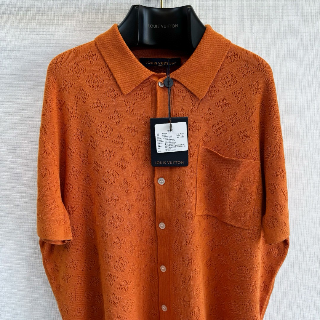 LOUIS VUITTON 路易威登 镂空提花毛织衬衫 短袖 橘色 白色 A5 1AFQSX
