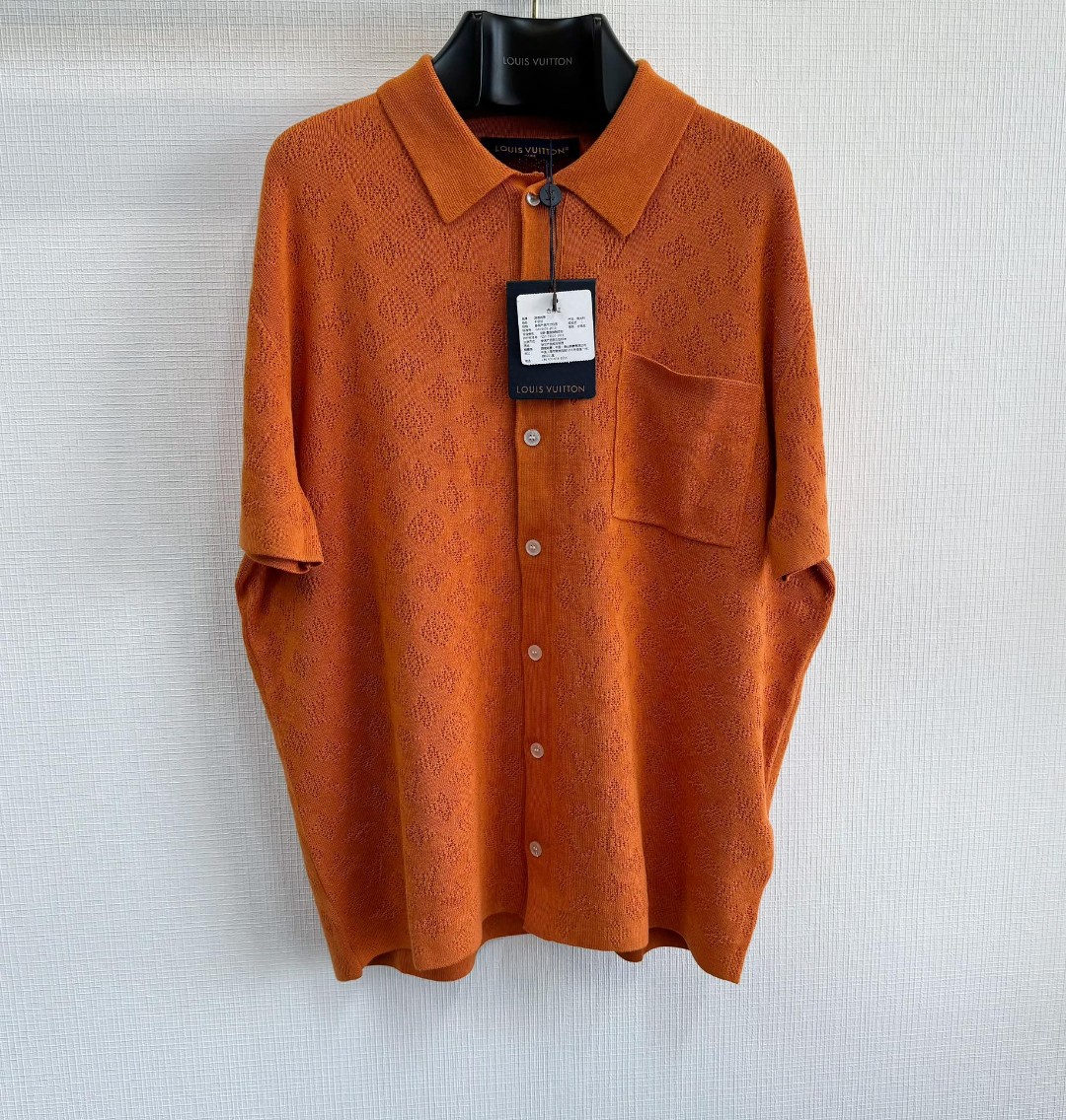 LOUIS VUITTON 路易威登 镂空提花毛织衬衫 短袖 橘色 白色 A5 1AFQSX
