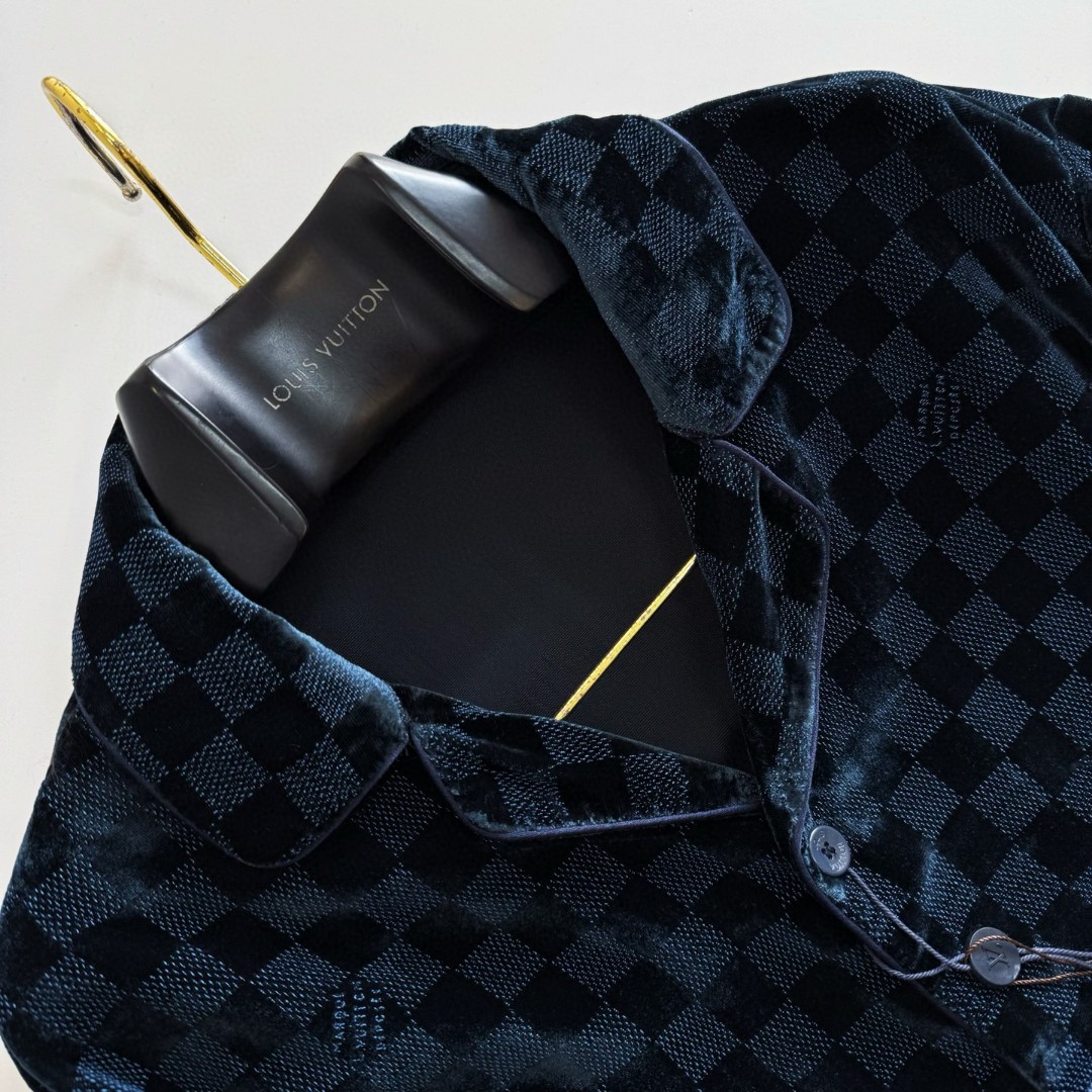 LOUIS VUITTON 路易威登 棋盘格印花丝绒衬衫 外套 长袖 蓝色 B5 1AFWF7