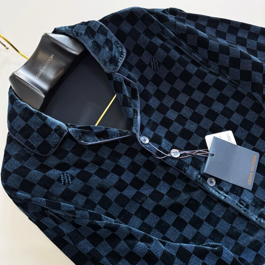 LOUIS VUITTON 路易威登 棋盘格印花丝绒衬衫 外套 长袖 蓝色 B5 1AFWF7