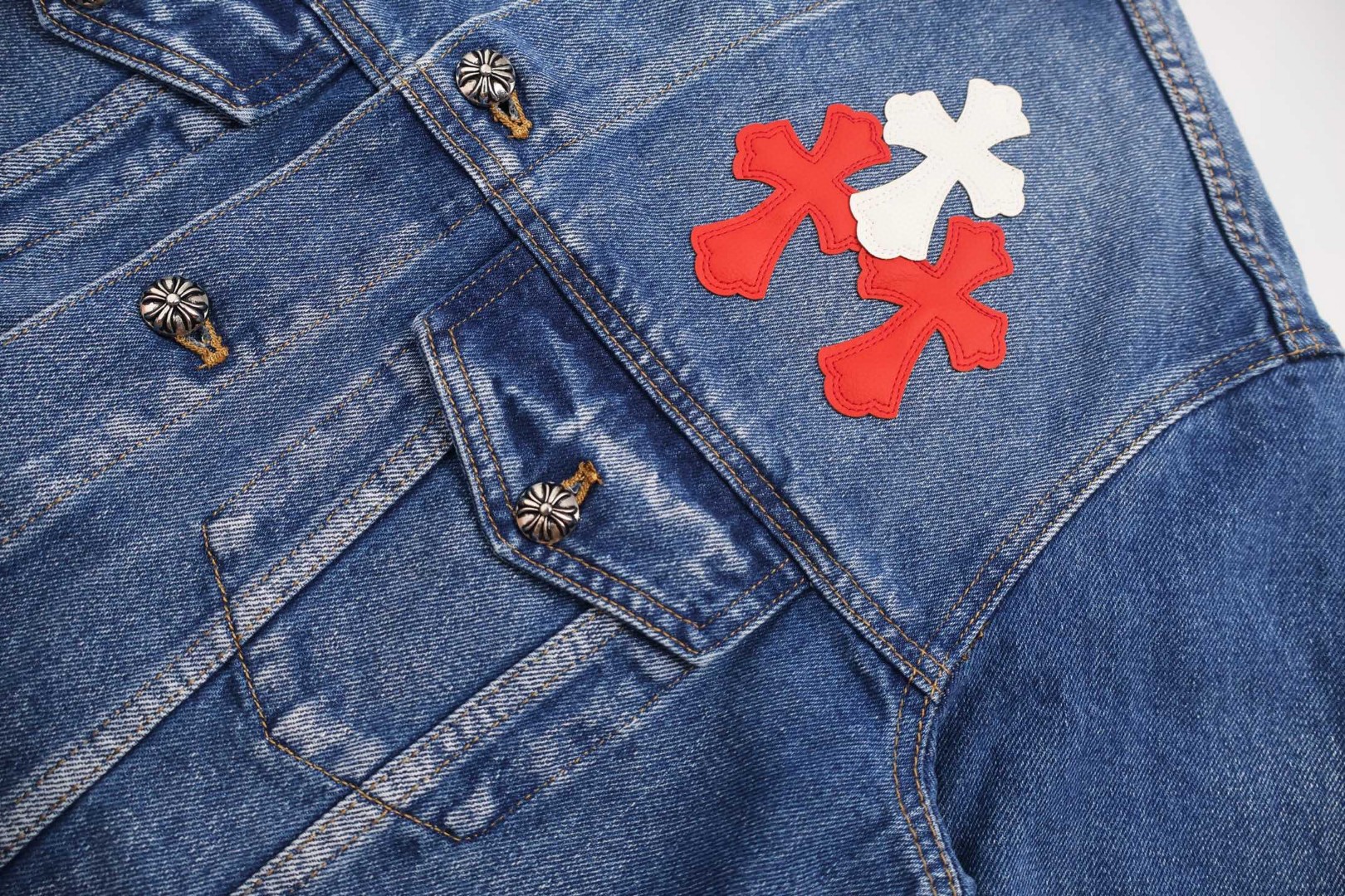 Chrome Hearts 克罗心 袖十字花牛仔外套 夹克 长袖 蓝色 蓝红色 蓝粉色 C0