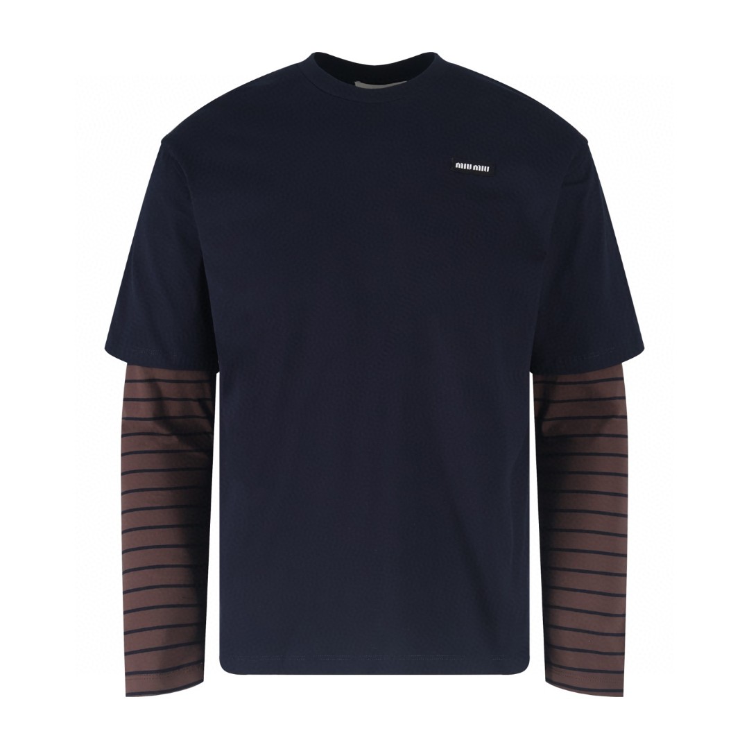 MIU MIU 缪缪 条纹袖假两件T恤 打底衫 长袖 A5 MJL128-17OR-F057W-S-OOO