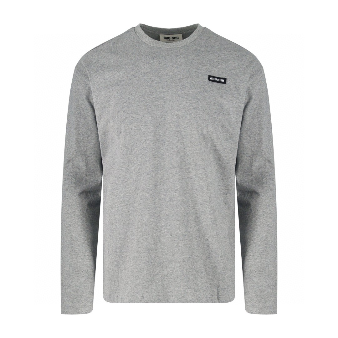 MIU MIU 缪缪 胸口小标T恤 打底衫 长袖 灰色 A5 MJL939-121U-F0D32-S-231