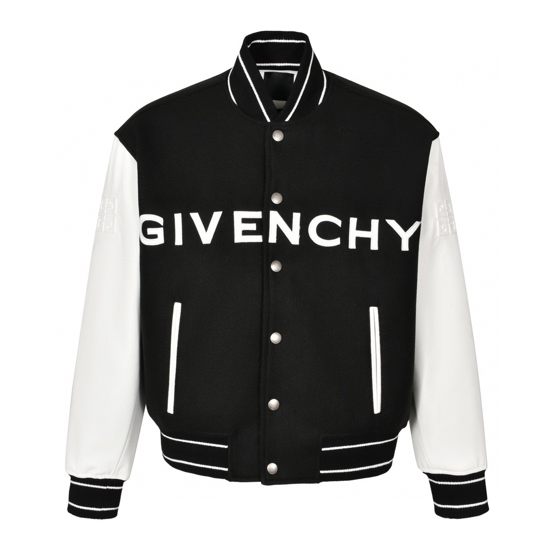 Givenchy 纪梵希 羊毛毛呢刺绣拼皮棒球服 夹克 外套 长袖 黑色 C0 BM00QR611V-004