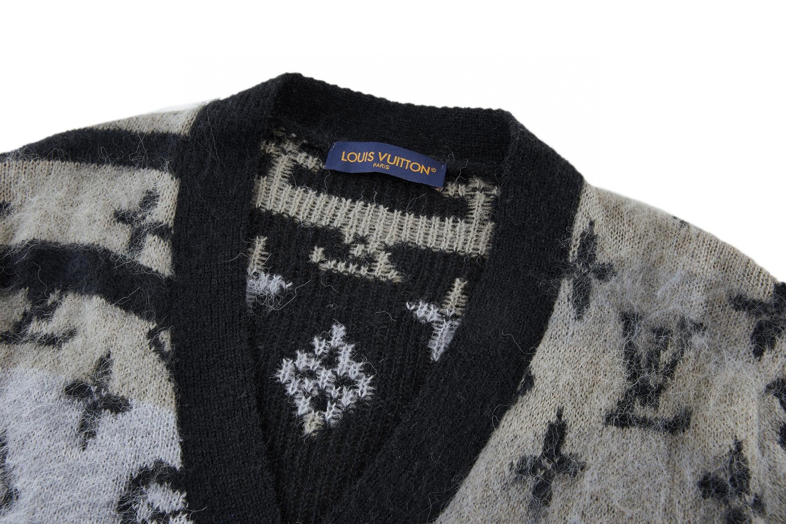 LOUIS VUITTON 路易威登 马海毛提花V领开衫 针织衫 毛衣 外套 黑色 B0 1AIOX5