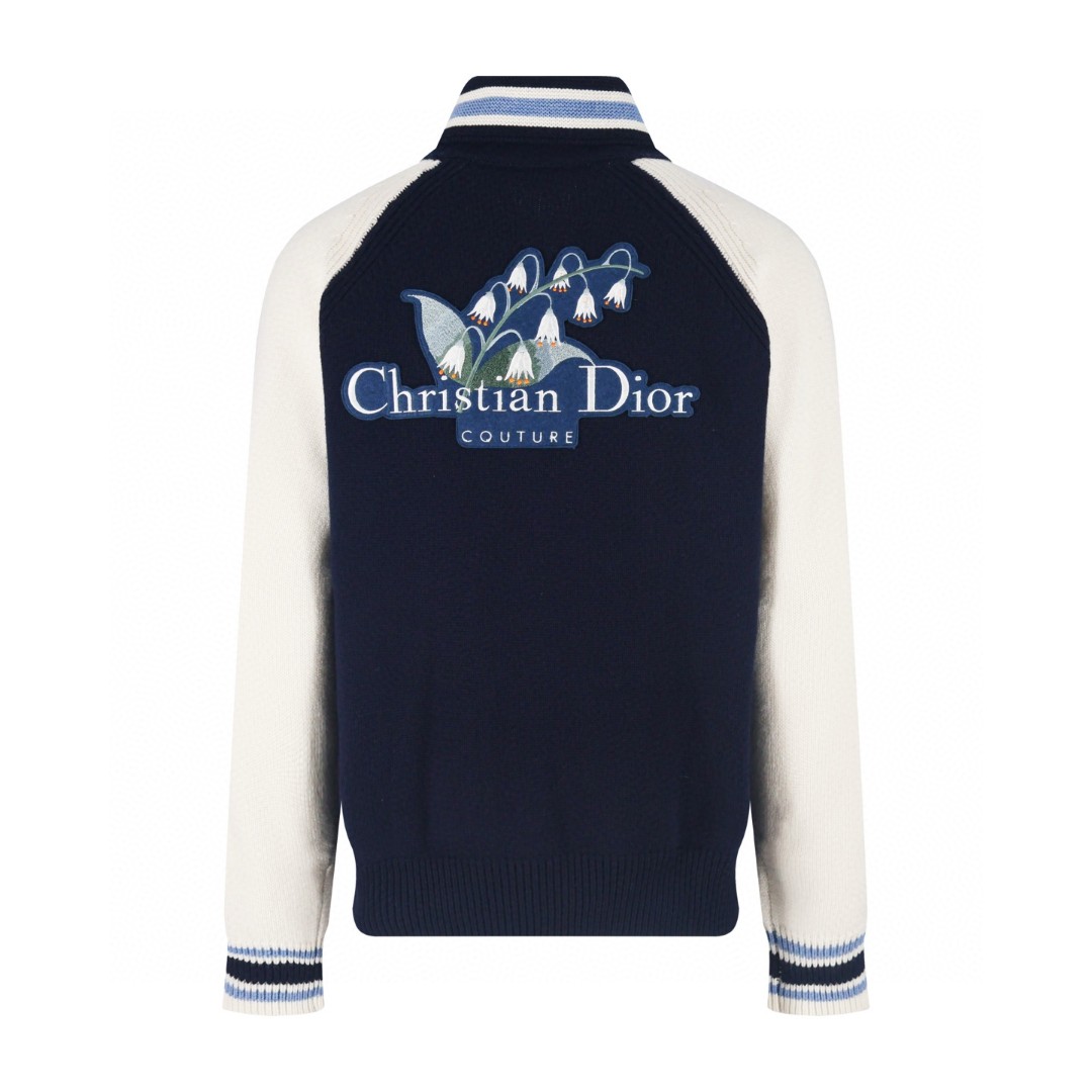 DIOR 迪奥 拼色铃兰花刺绣学院风拉链针织外套 夹克 长袖 C5 593M401A2013-C580