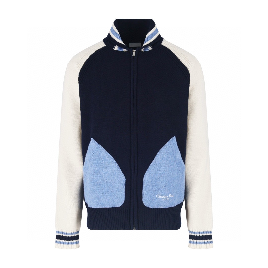 DIOR 迪奥 拼色铃兰花刺绣学院风拉链针织外套 夹克 长袖 C5 593M401A2013-C580