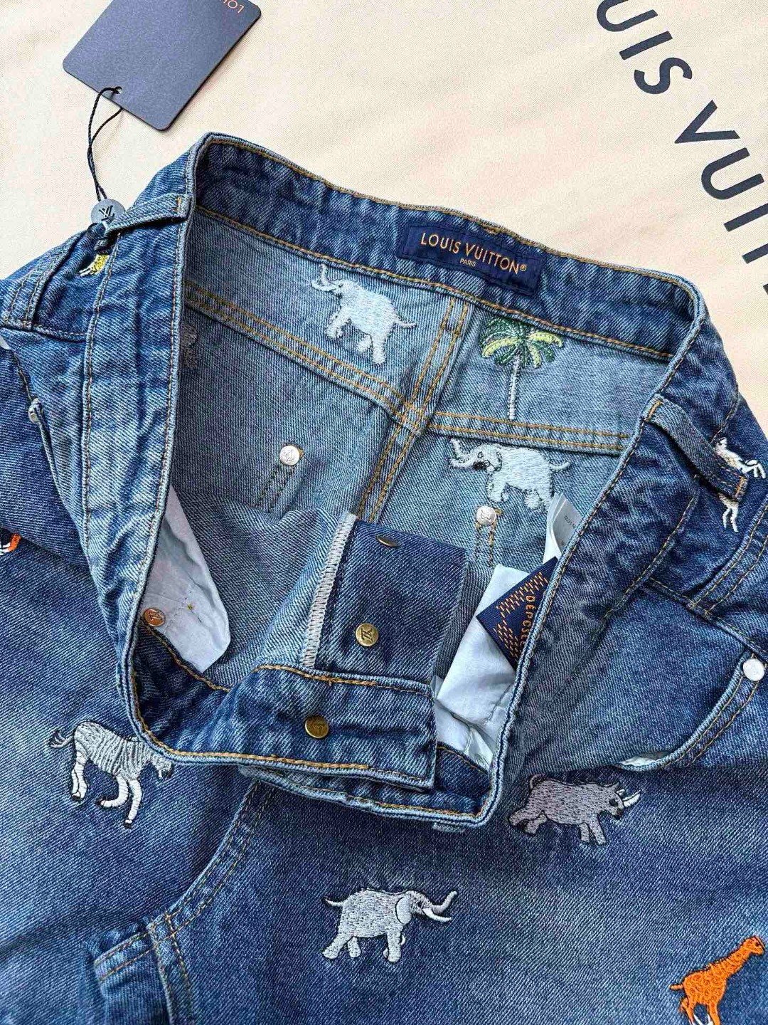 LOUIS VUITTON 路易威登 动物刺绣牛仔裤 裤子 长裤 蓝色 B5 