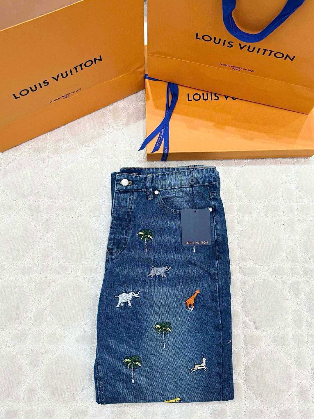 LOUIS VUITTON 路易威登 动物刺绣牛仔裤 裤子 长裤 蓝色 B5 