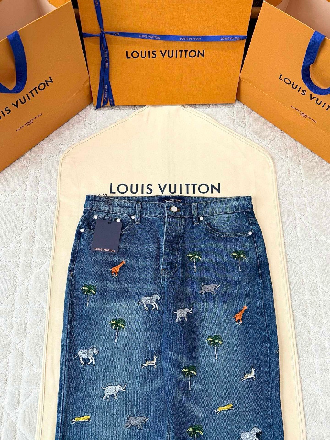 LOUIS VUITTON 路易威登 动物刺绣牛仔裤 裤子 长裤 蓝色 B5 