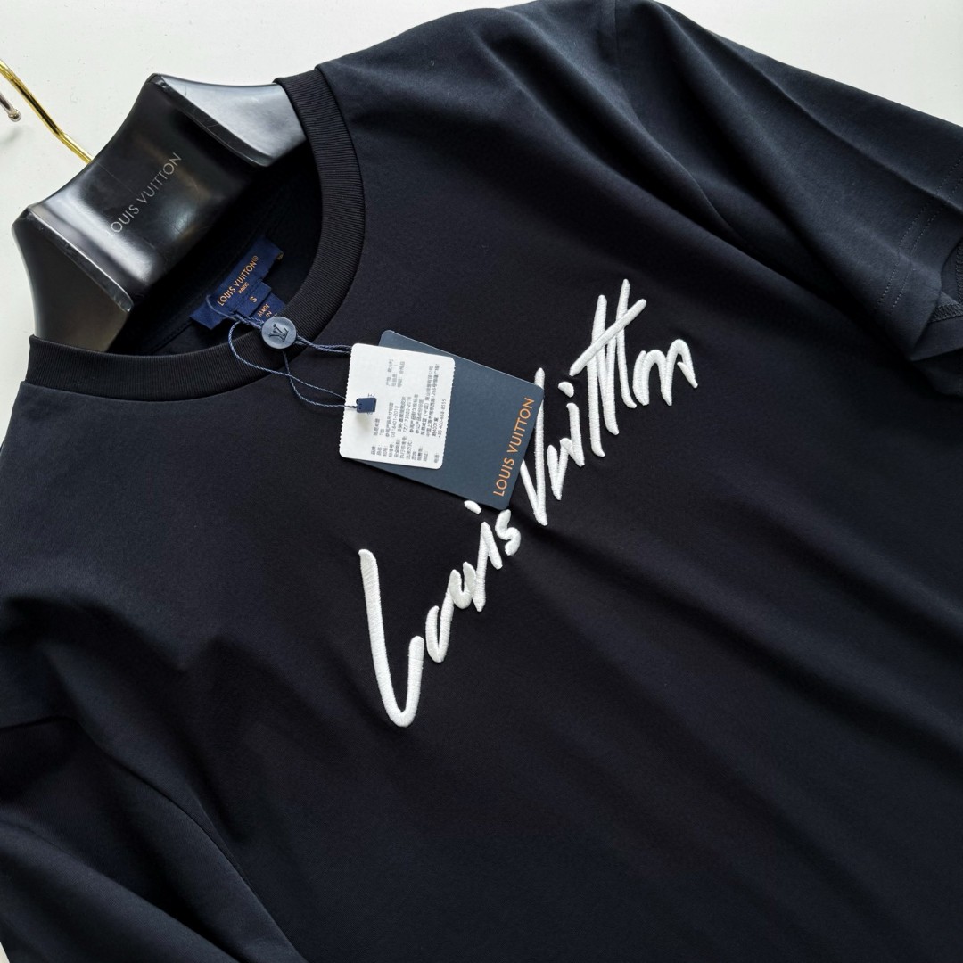 LOUIS VUITTON 路易威登 LV 字母刺绣圆领T恤 短袖 黑色 A5 
