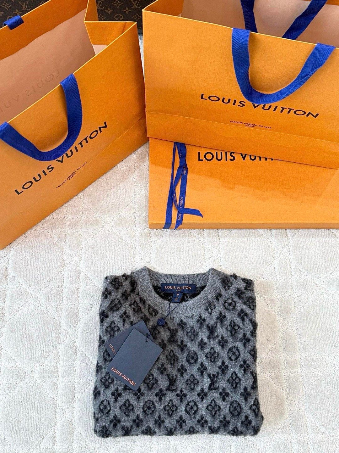 LOUIS VUITTON 路易威登 马海毛老花字针织花毛衣 针织衫 外套 长袖 灰色 C0 1AHZBP