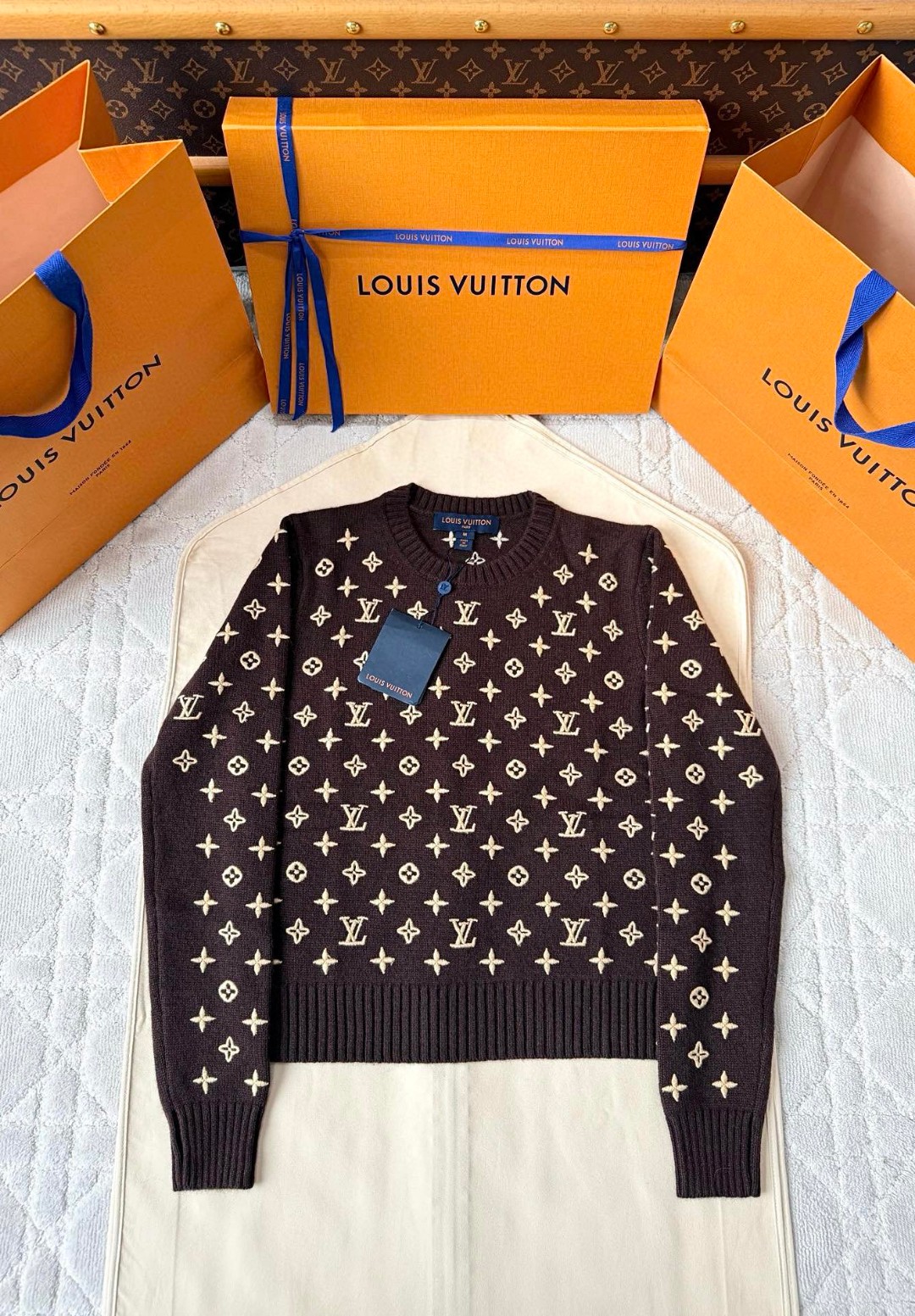 LOUIS VUITTON 路易威登 字母3D羊毛老花毛衣 针织衫 外套 长袖 棕色 黑色 C0 1AHZ59