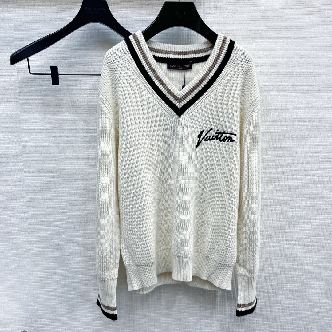 LOUIS VUITTON 路易威登 撞色V领套头毛衣 针织衫 外套 长袖 白色 B5 1AATLN