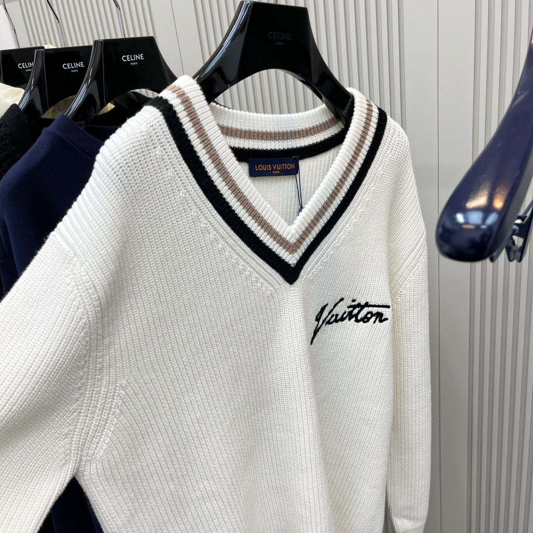 LOUIS VUITTON 路易威登 撞色V领套头毛衣 针织衫 外套 长袖 白色 B5 1AATLN