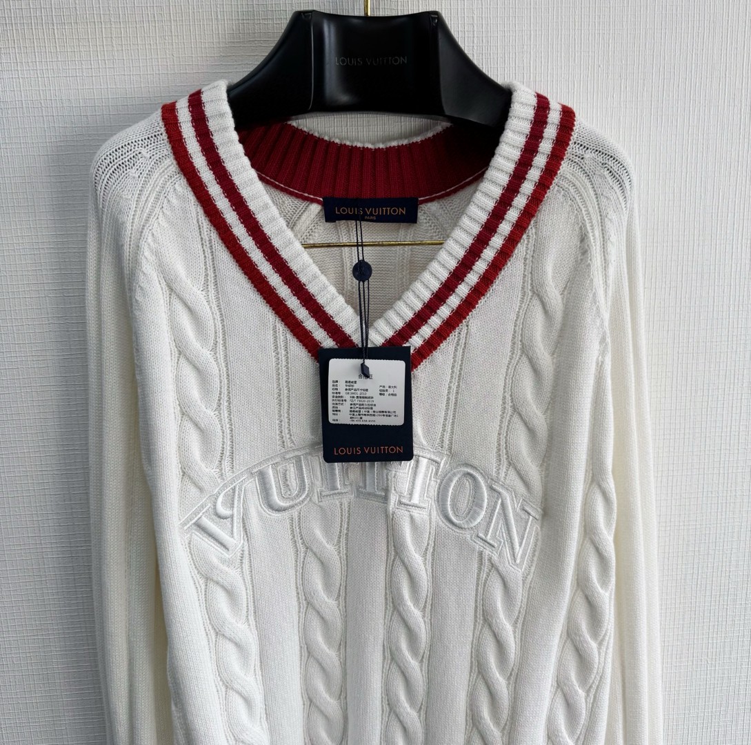 LOUIS VUITTON 路易威登 学院风绞花V领毛衣 针织衫 外套 长袖 白色 B5 1AIJYR