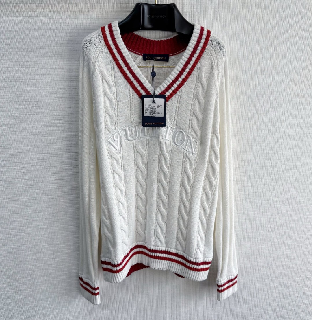 LOUIS VUITTON 路易威登 学院风绞花V领毛衣 针织衫 外套 长袖 白色 B5 1AIJYR