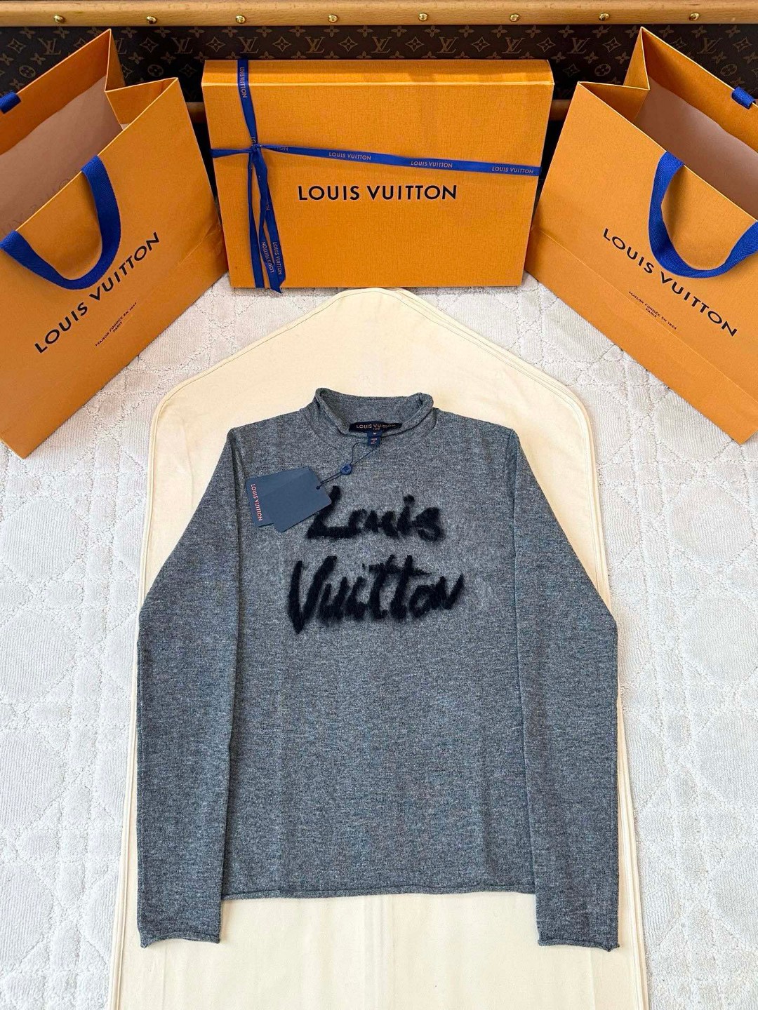 LOUIS VUITTON 路易威登 字母提花卷边打底衫 T恤 长袖 灰色 B0 1AHZCV