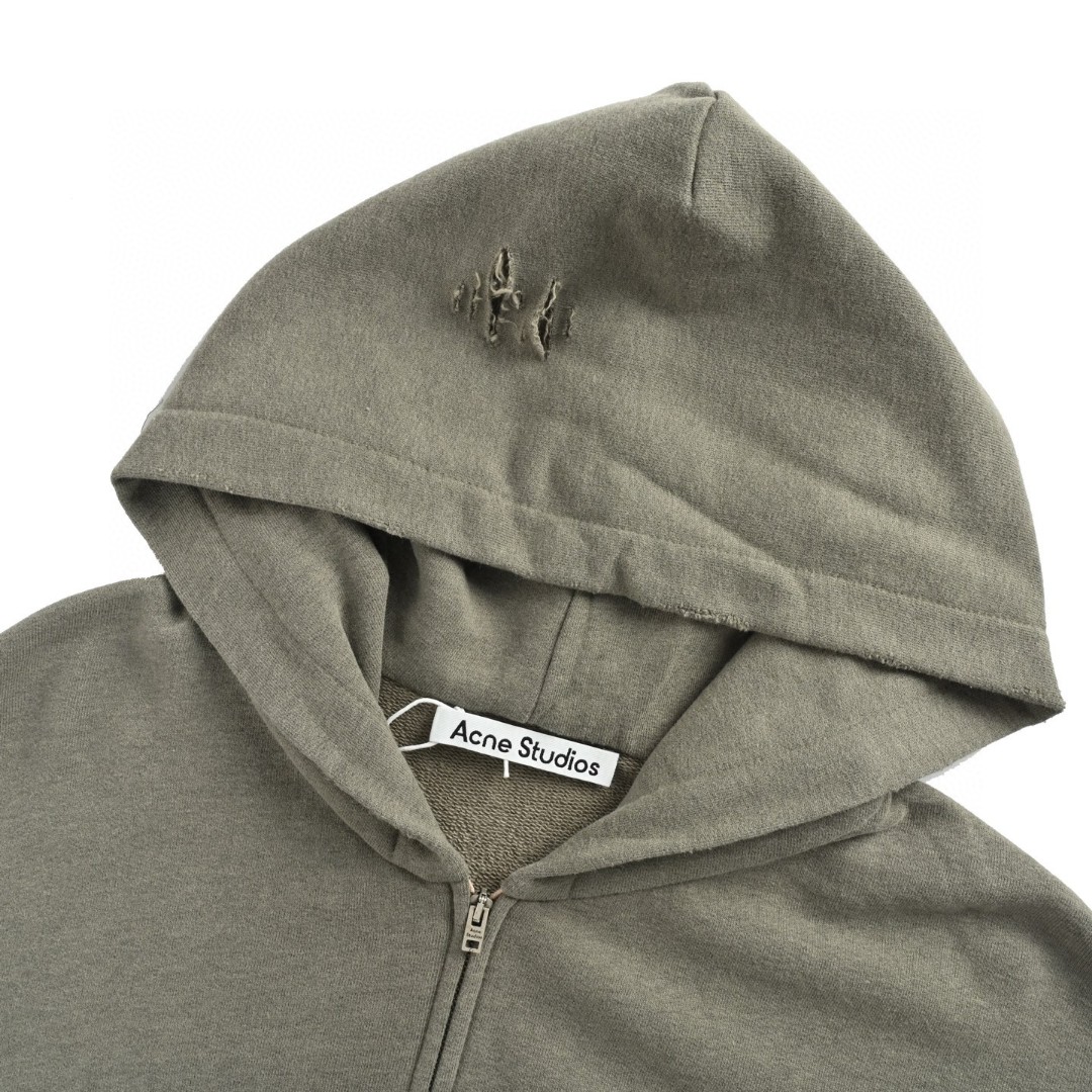 Acne Studios 做旧印花破洞拉链连帽卫衣 外套 长袖 灰绿色 黑灰色 B0 CI0183-BCA