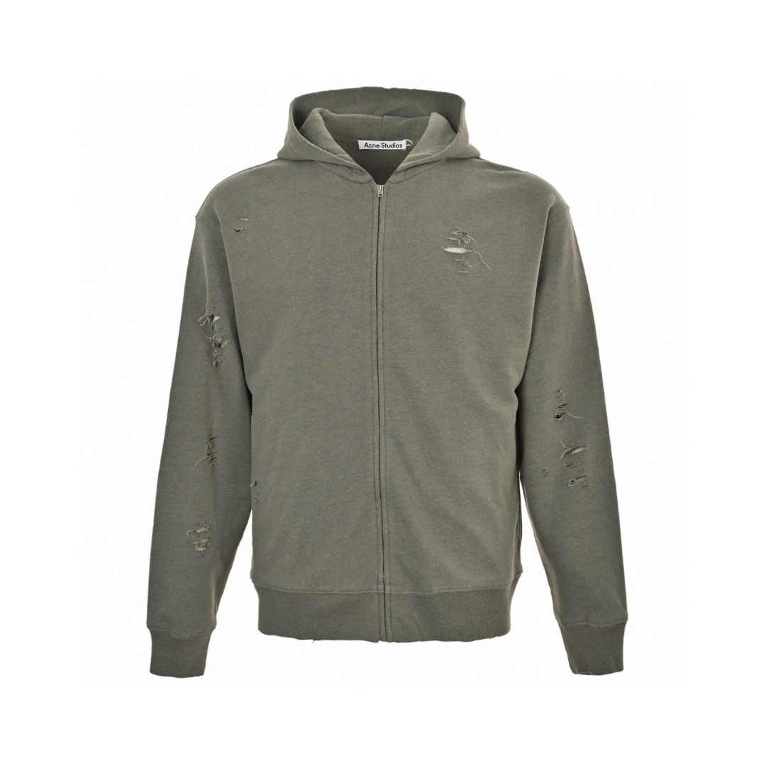 Acne Studios 做旧印花破洞拉链连帽卫衣 外套 长袖 灰绿色 黑灰色 B0 CI0183-BCA