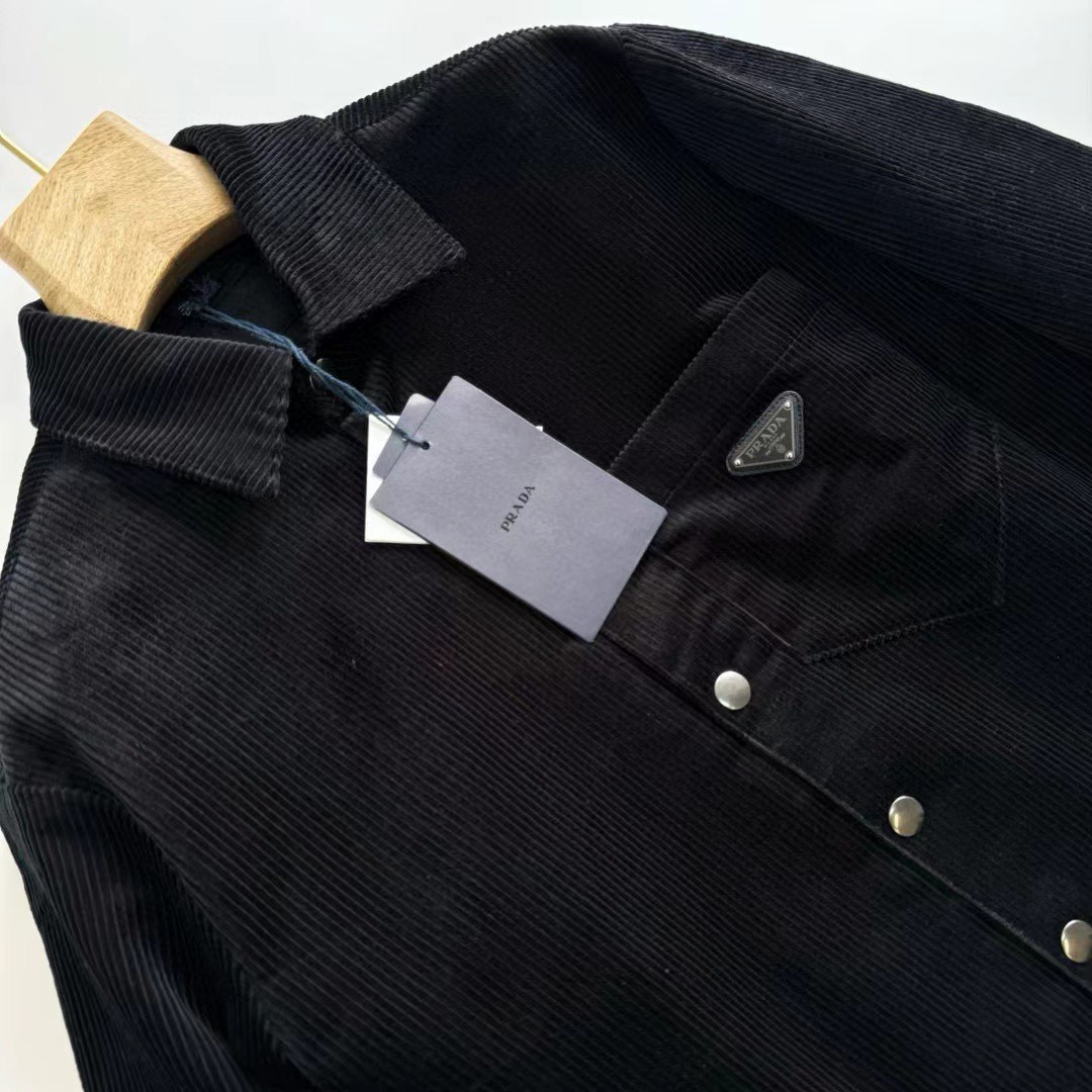 PRADA 普拉达 灯芯绒衬衫 外套 长袖 麦黄色 黑色 C0 SC798-144R-F0346-S-OOO