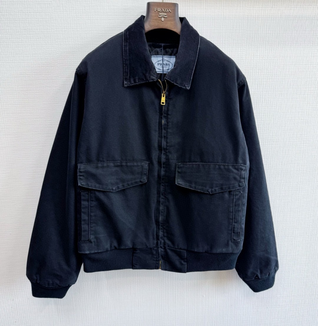 PRADA 普拉达 做旧水洗拉链牛仔外套 夹克 棉服 长袖 黑色 C0