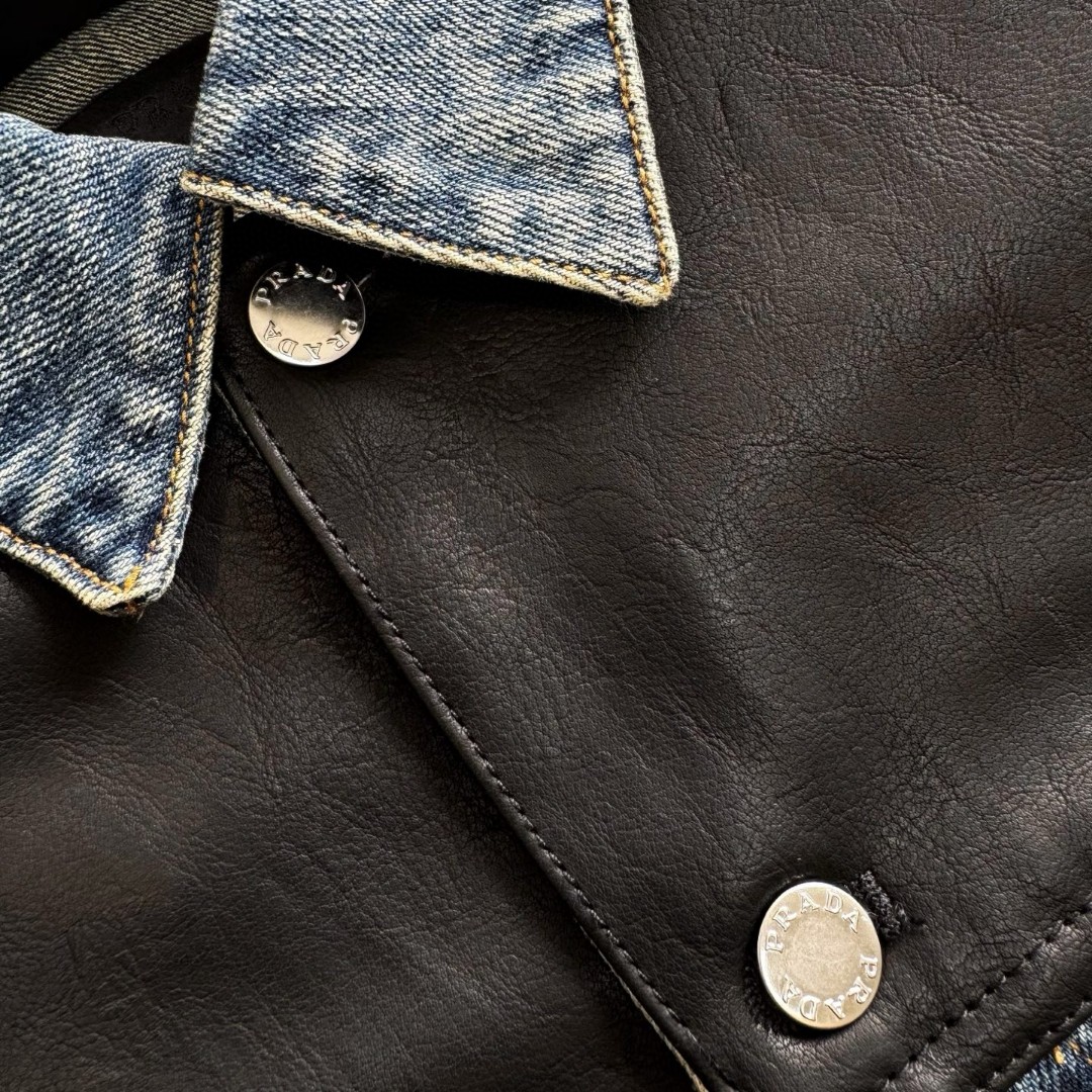 PRADA 普拉达 牛皮拼接牛仔外套 夹克 长袖 蓝色 C5 GEB257-1638-F0008-S-AA1