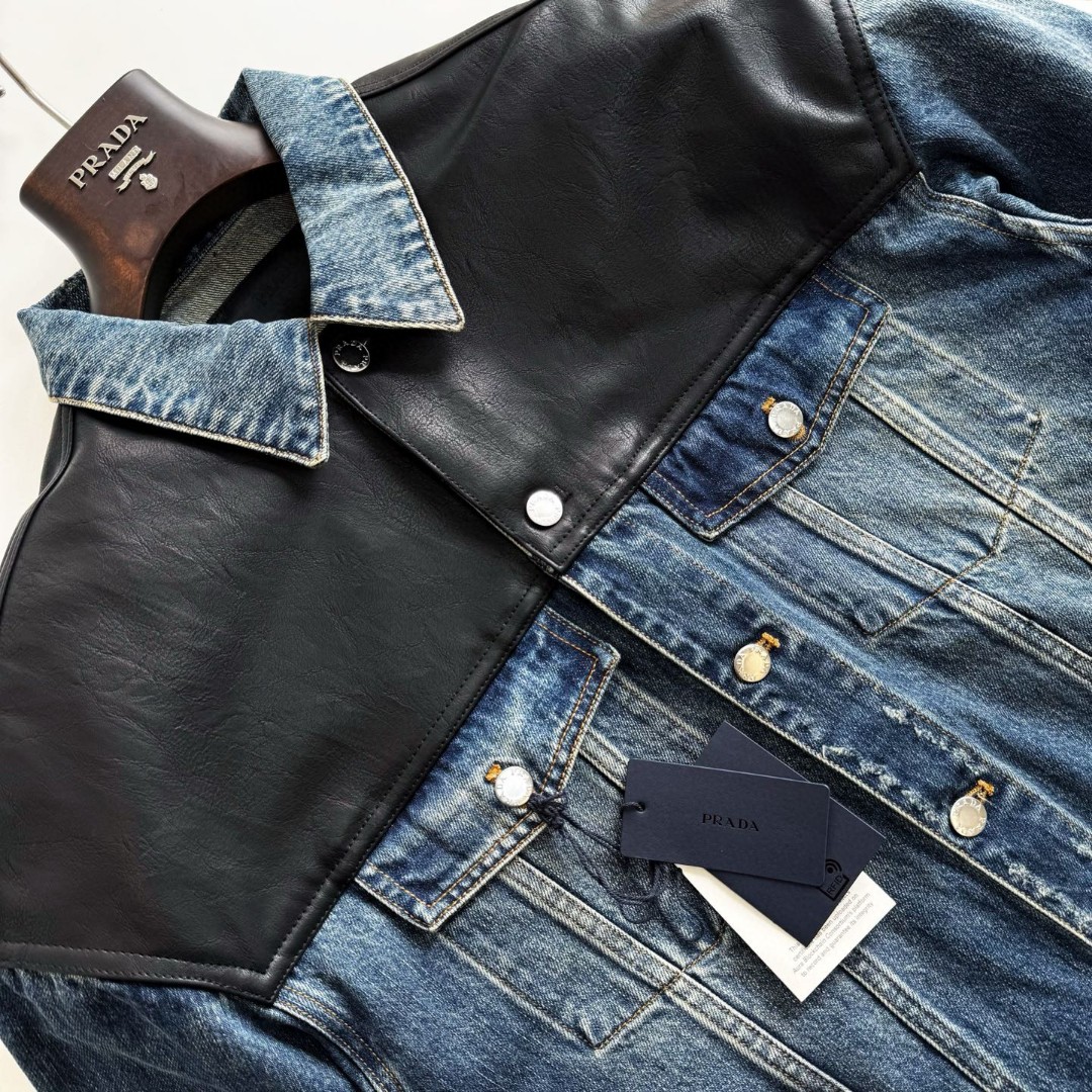 PRADA 普拉达 牛皮拼接牛仔外套 夹克 长袖 蓝色 C5 GEB257-1638-F0008-S-AA1