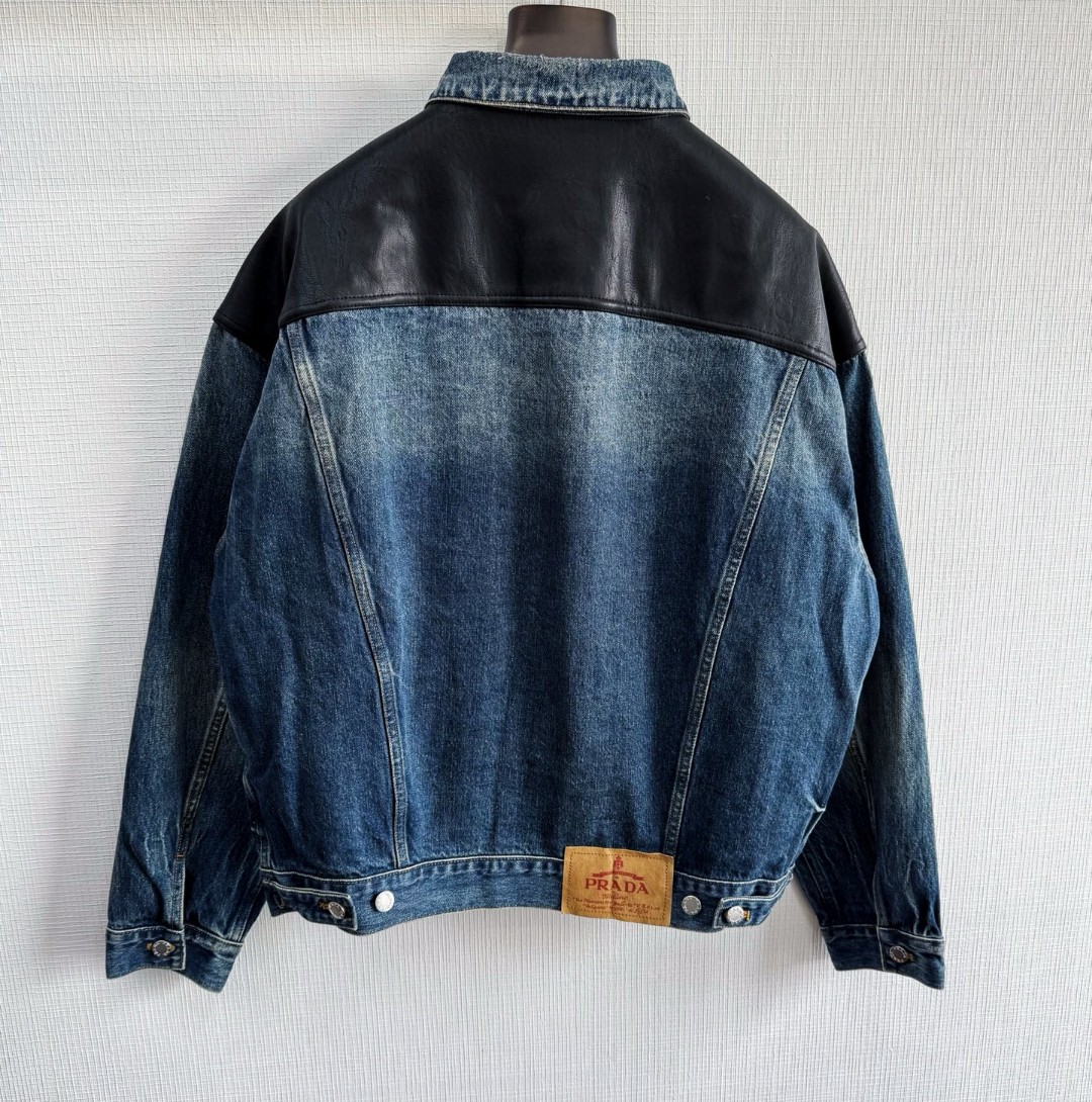 PRADA 普拉达 牛皮拼接牛仔外套 夹克 长袖 蓝色 C5 GEB257-1638-F0008-S-AA1