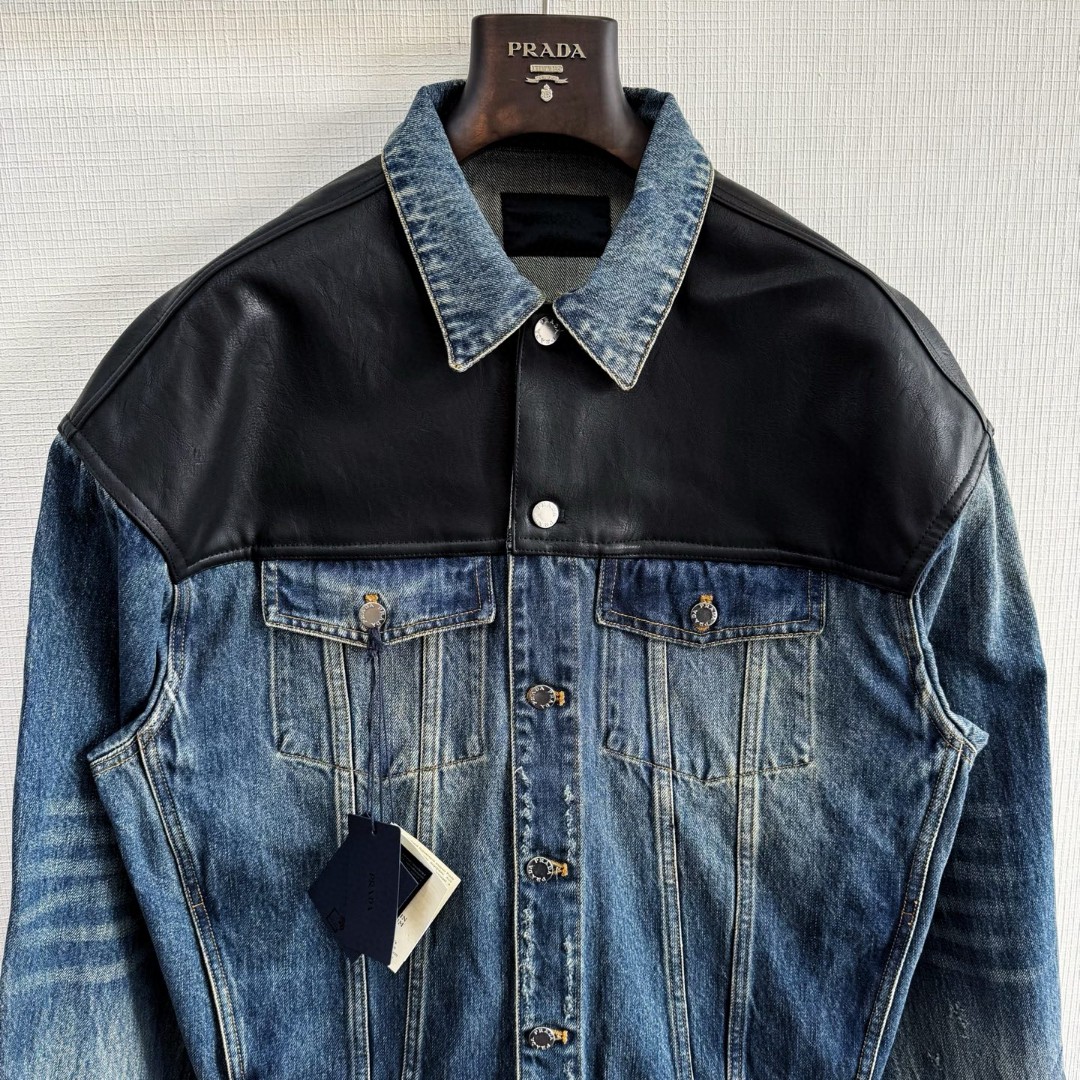 PRADA 普拉达 牛皮拼接牛仔外套 夹克 长袖 蓝色 C5 GEB257-1638-F0008-S-AA1