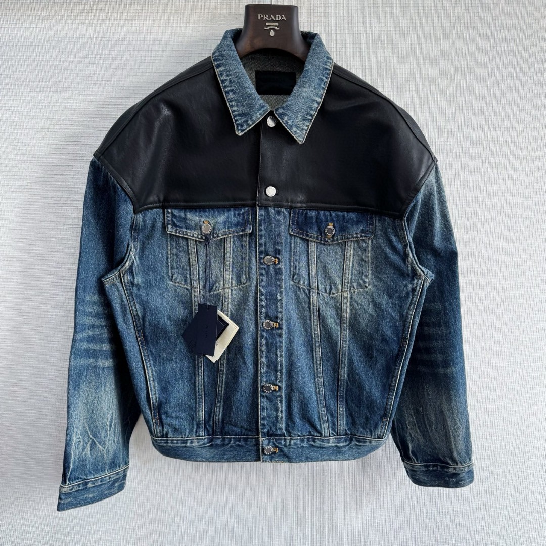 PRADA 普拉达 牛皮拼接牛仔外套 夹克 长袖 蓝色 C5 GEB257-1638-F0008-S-AA1