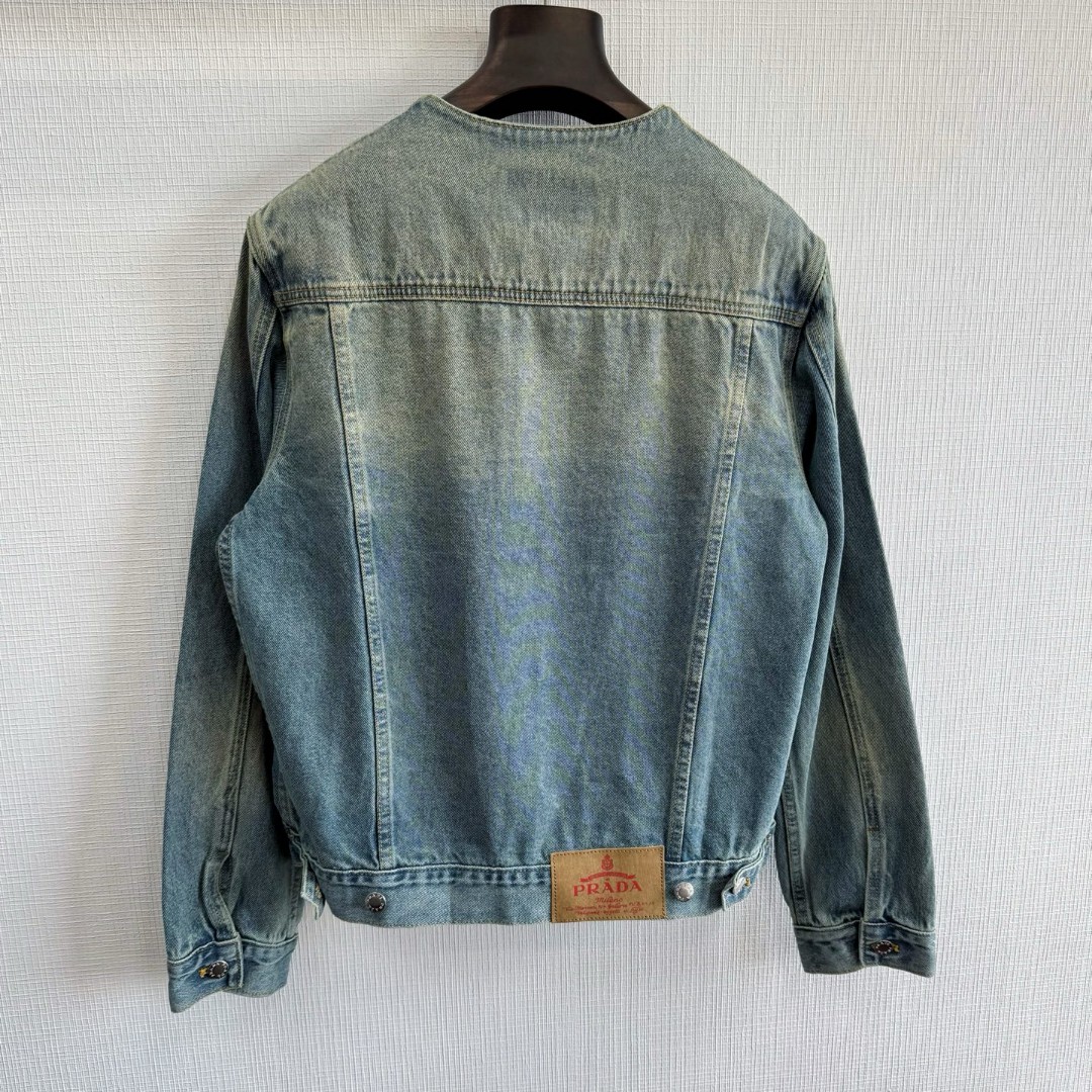PRADA 普拉达 三角标丹宁圆领牛仔外套 夹克 长袖 蓝色 C0 GEB229-12K1-F0V3N-S-231