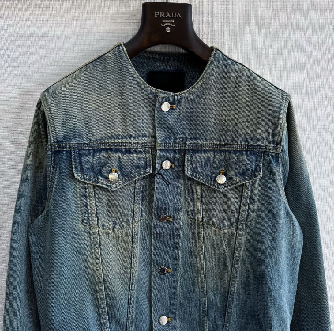 PRADA 普拉达 三角标丹宁圆领牛仔外套 夹克 长袖 蓝色 C0 GEB229-12K1-F0V3N-S-231