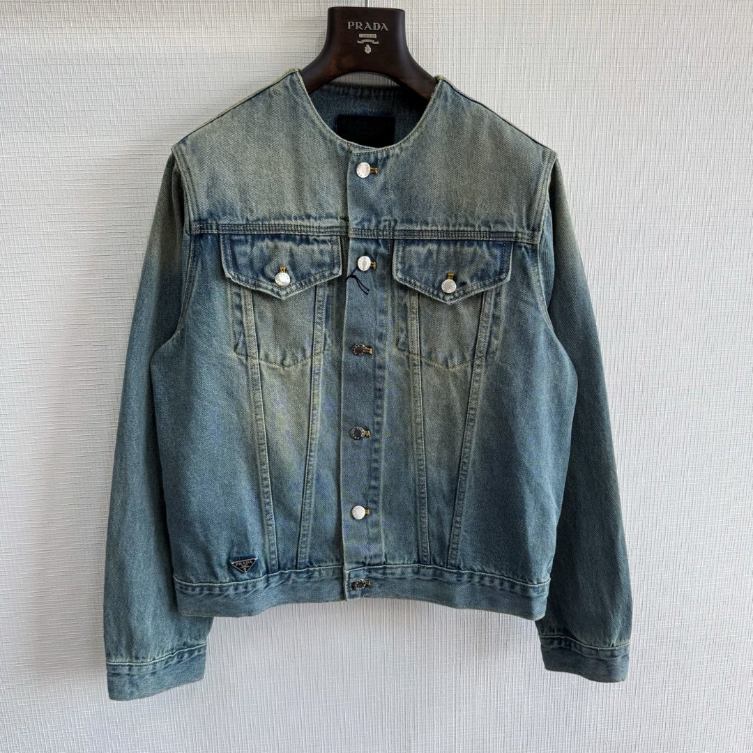 PRADA 普拉达 三角标丹宁圆领牛仔外套 夹克 长袖 蓝色 C0 GEB229-12K1-F0V3N-S-231