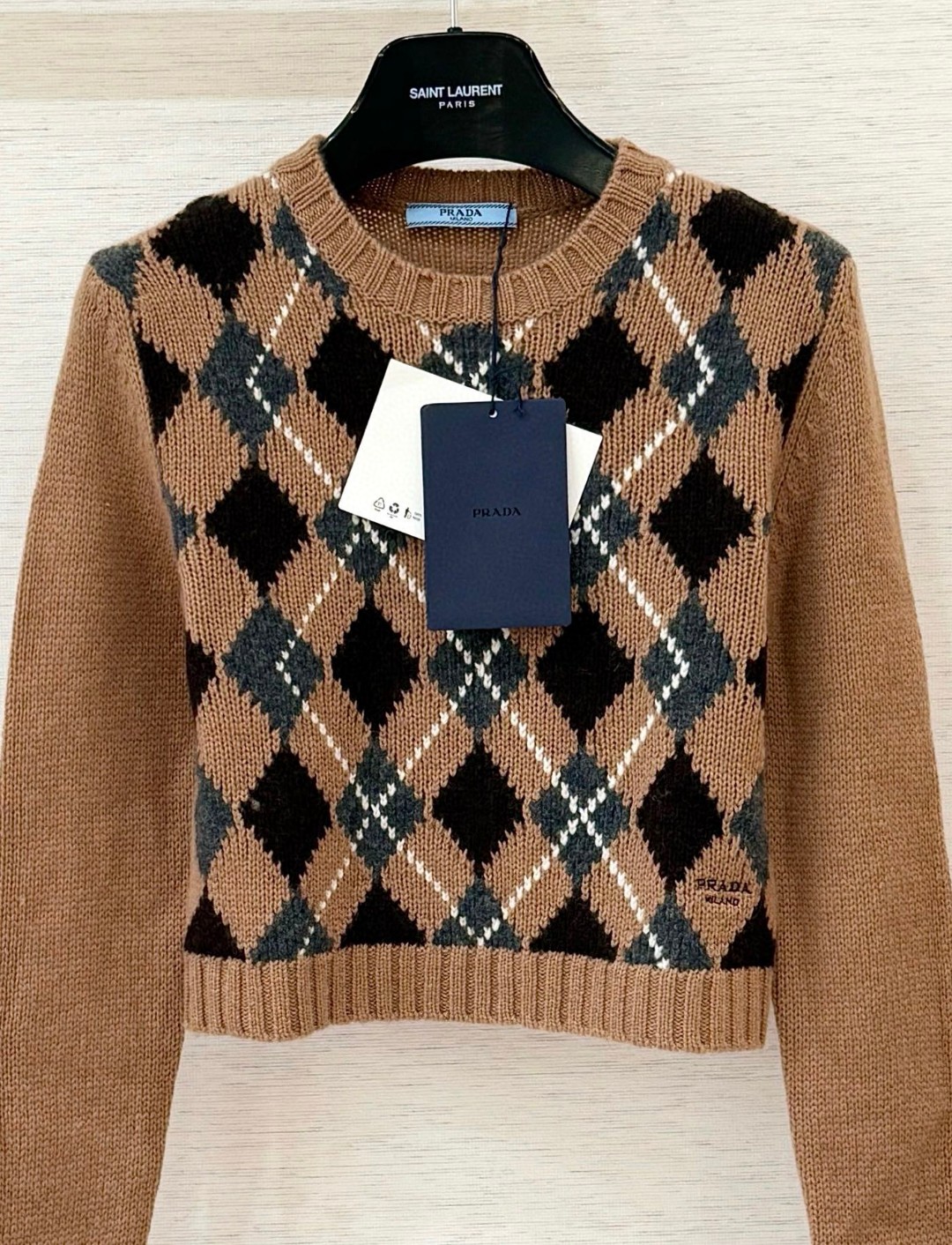 PRADA 普拉达 学院风菱格纹羊绒套头毛衣 针织衫 外套 长袖 卡其棕 C0 P24S2V-172D-F0040-S-OOO